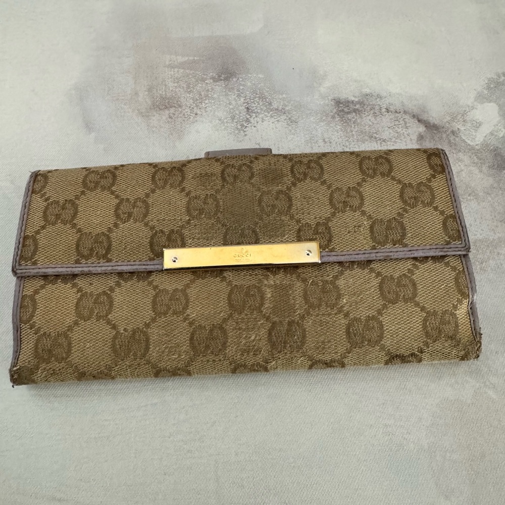 Gucci Leather and Canvas Monogram Long Snap Wallet with Gold Name Plate
